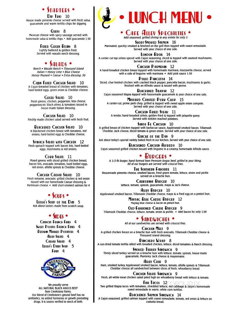 Menu of Cafe  Alley  in Ardmore  OK  73401