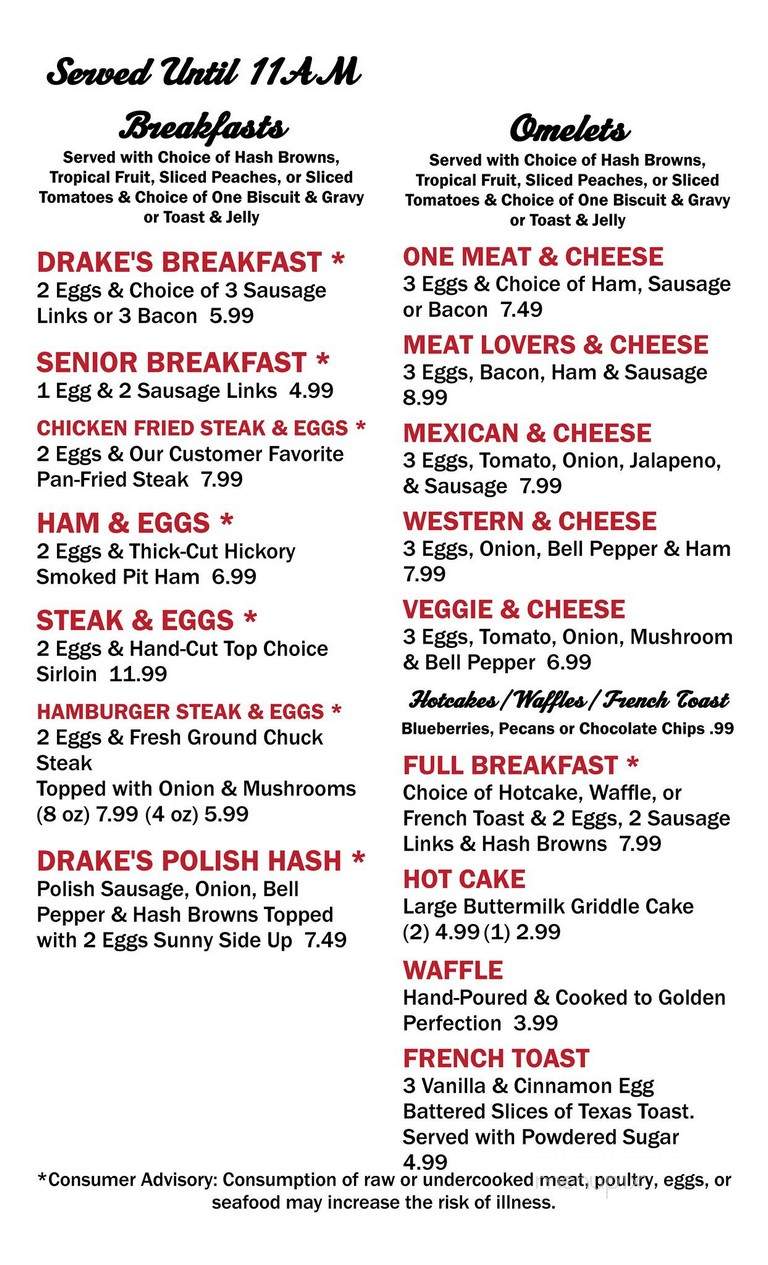Drake's Restaurant - Grove, OK menu_pic