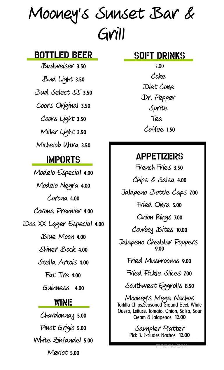 Mooney's Sunset Bar & Grill - Disney, OK menu_pic