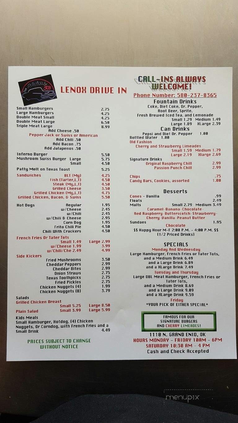 Lenox Drive In - Enid, OK menu_pic