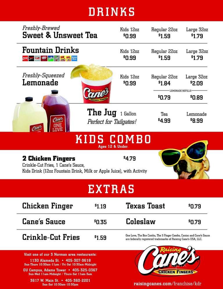 Menu of Raising Cane's Chicken Fingers in Norman, OK 73071
