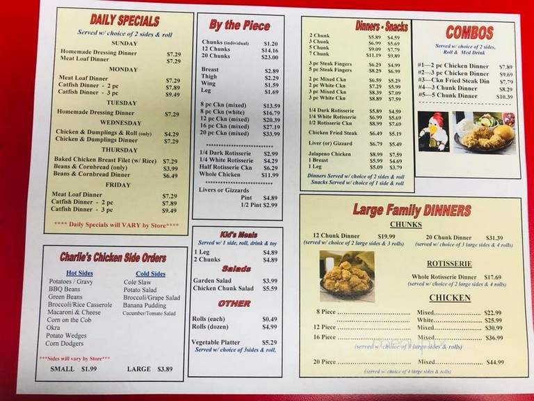 Charlies sales chicken menu