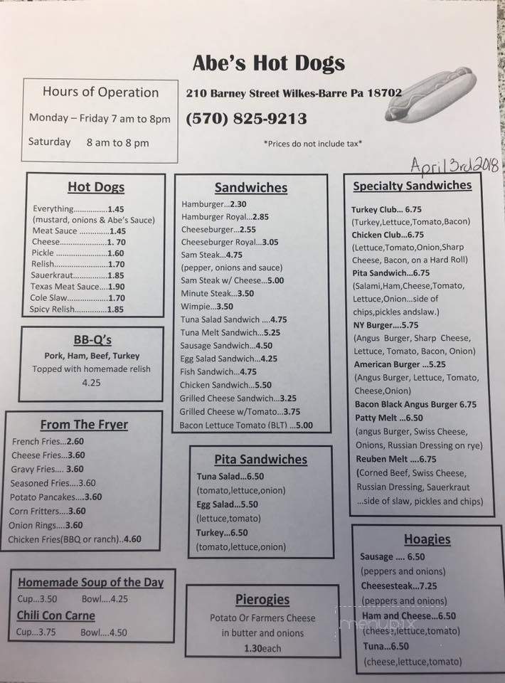Abe's Hot Dogs - Wilkes Barre, PA menu_pic