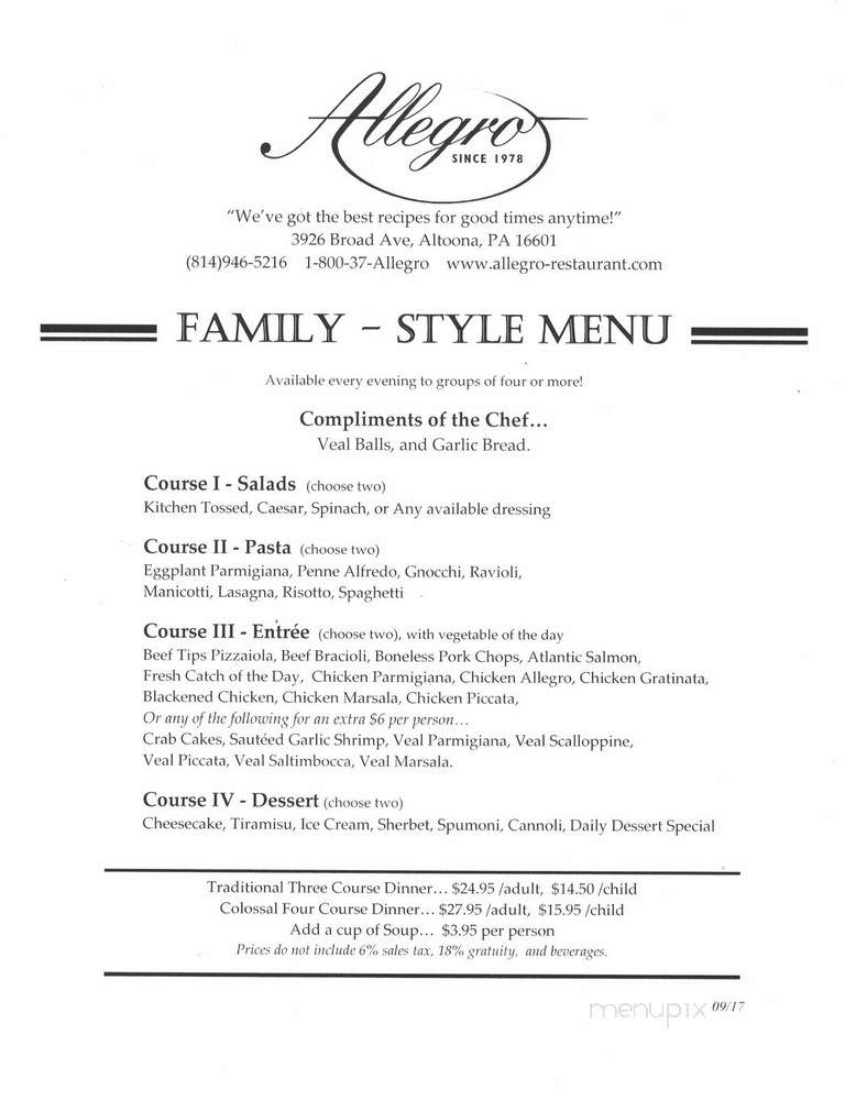 Allegro Restaurant - Altoona, PA menu_pic
