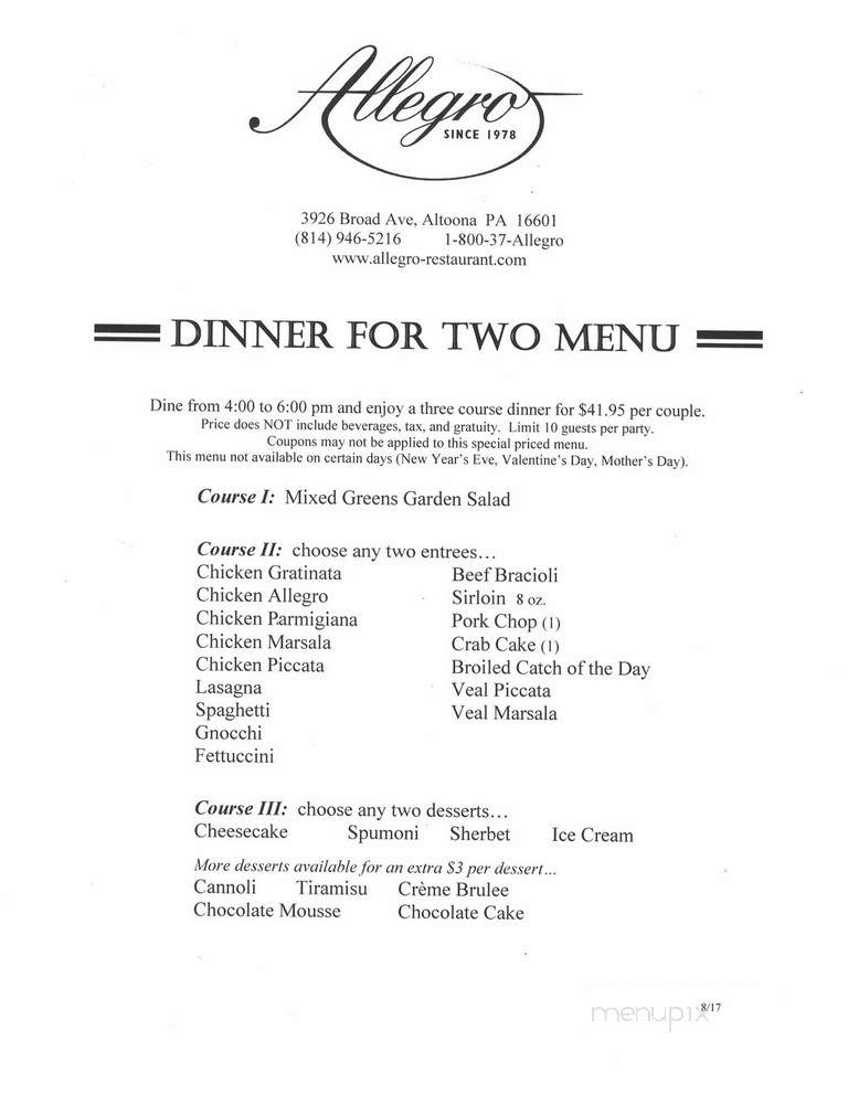 Allegro Restaurant - Altoona, PA menu_pic