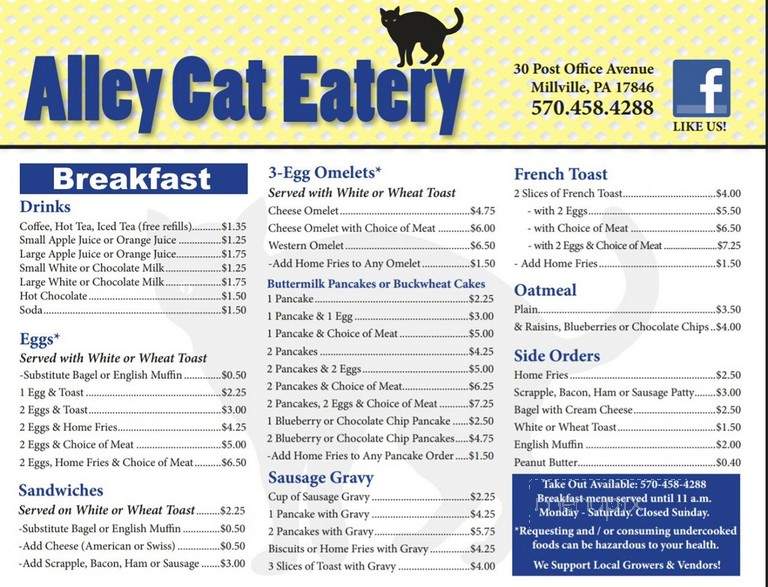 Alley Cat Eatery - Millville, PA menu_pic
