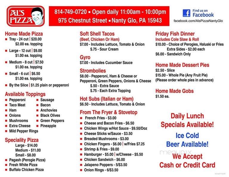 Al's Pizza - Nanty Glo, PA menu_pic