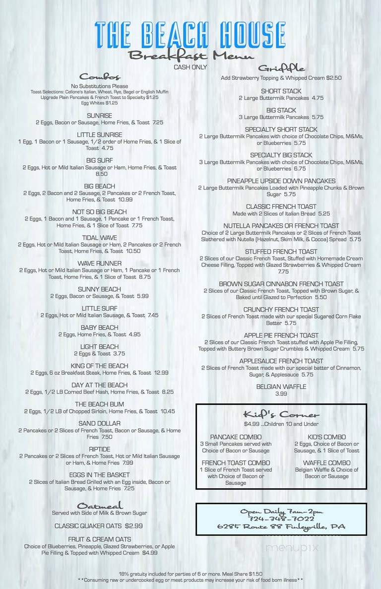 Beach House Restaurant - Finleyville, PA menu_pic