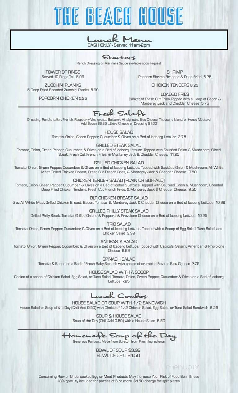 Beach House Restaurant - Finleyville, PA menu_pic