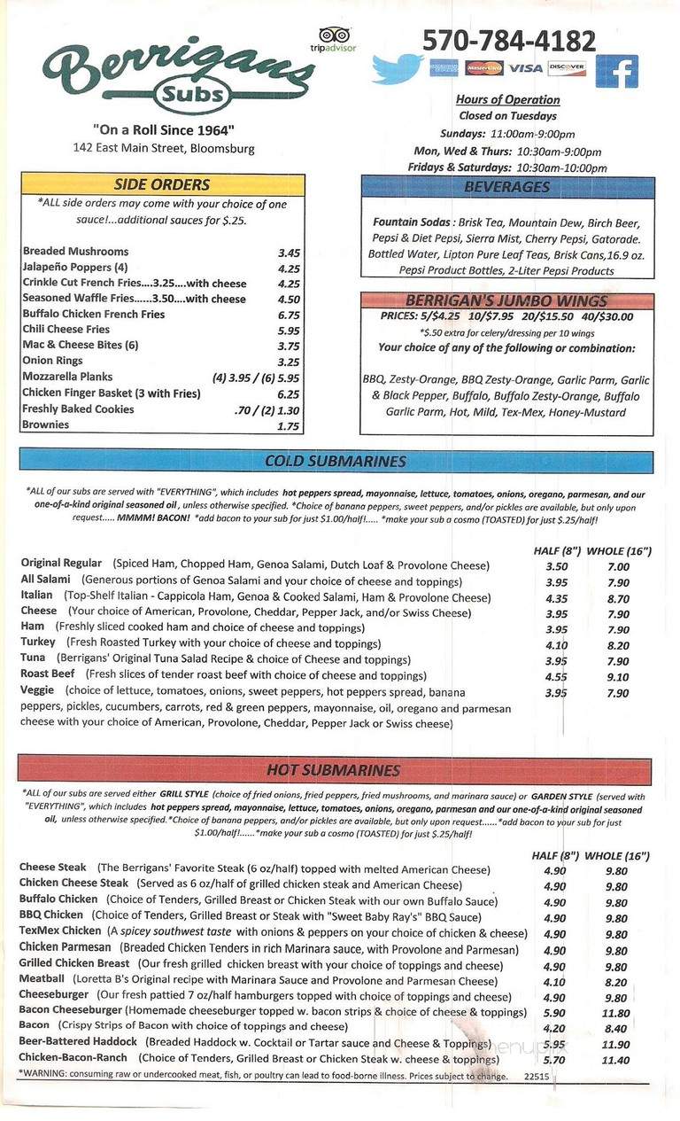 Berrigan's Sub Shop - Bloomsburg, PA menu_pic