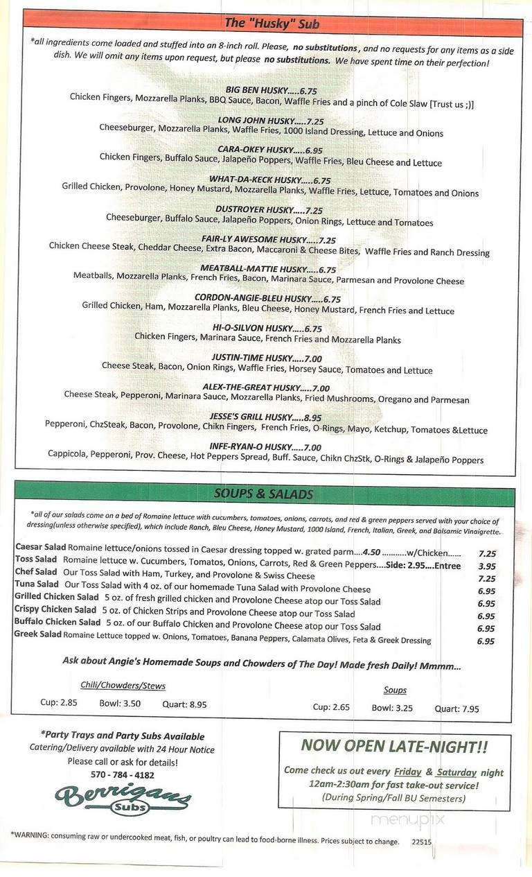 Berrigan's Sub Shop - Bloomsburg, PA menu_pic