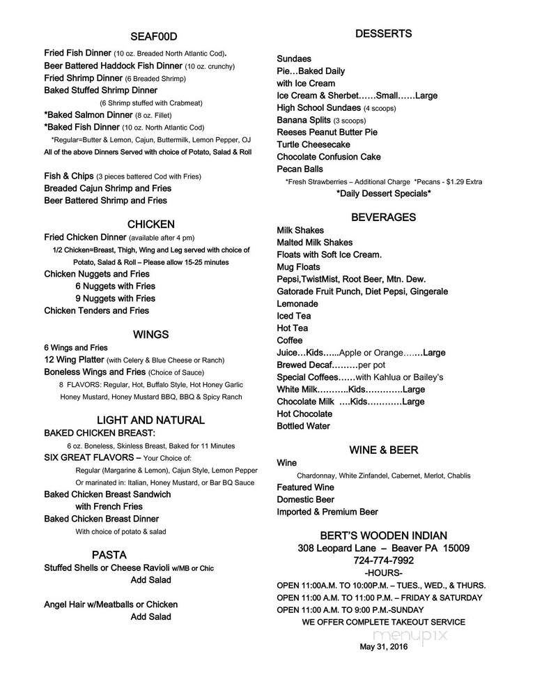 Bert's Wooden Indian - Beaver, PA menu_pic