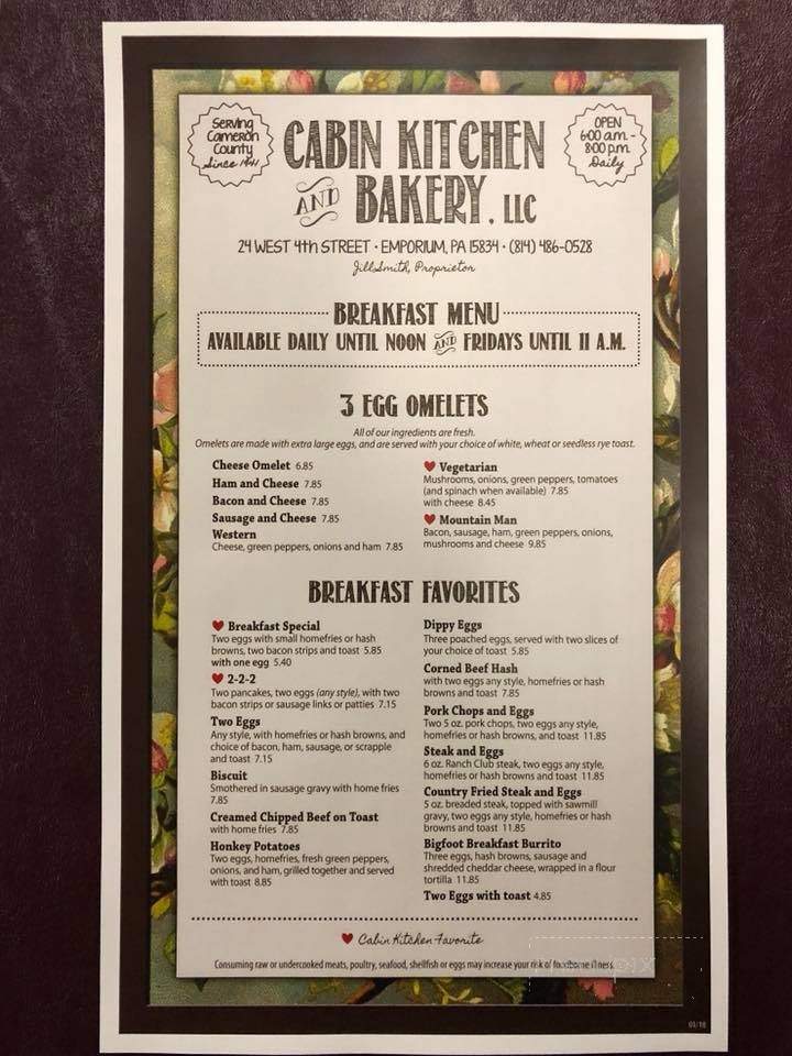 Cabin Kitchen Restaurant - Emporium, PA menu_pic