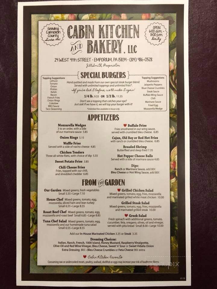Cabin Kitchen Restaurant - Emporium, PA menu_pic