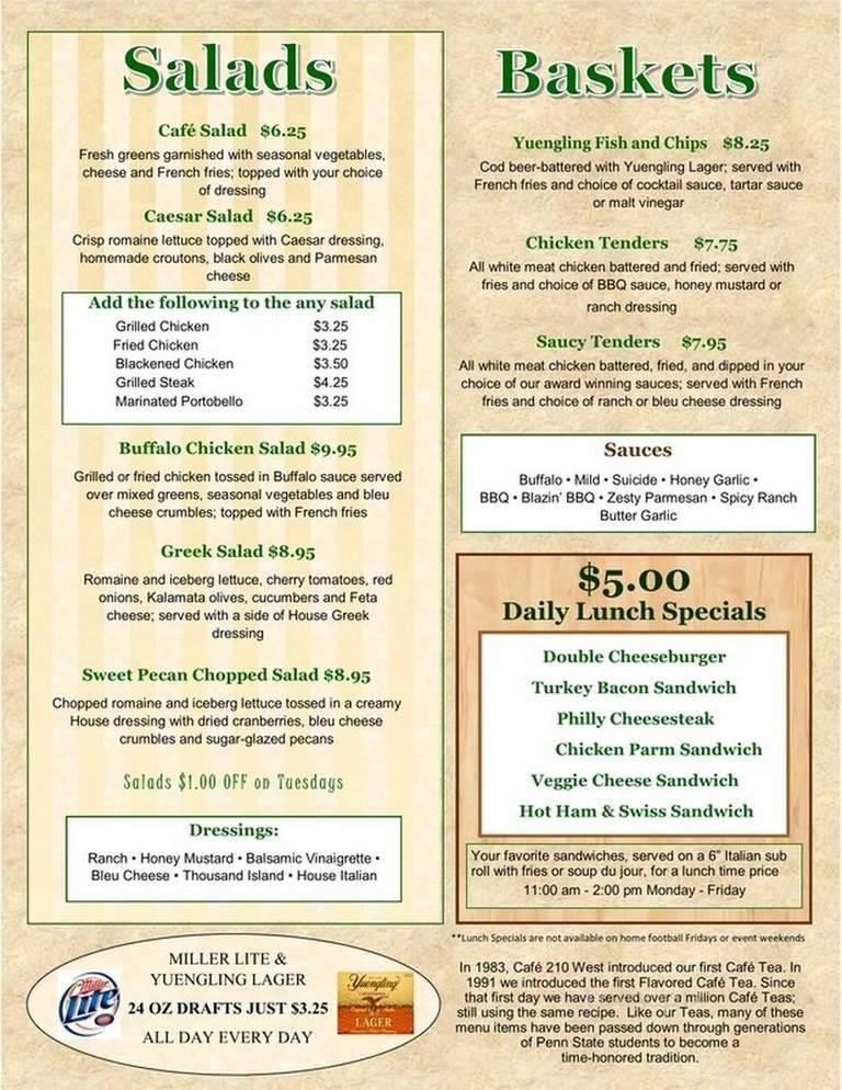 Cafe 210 West - State College, PA menu_pic
