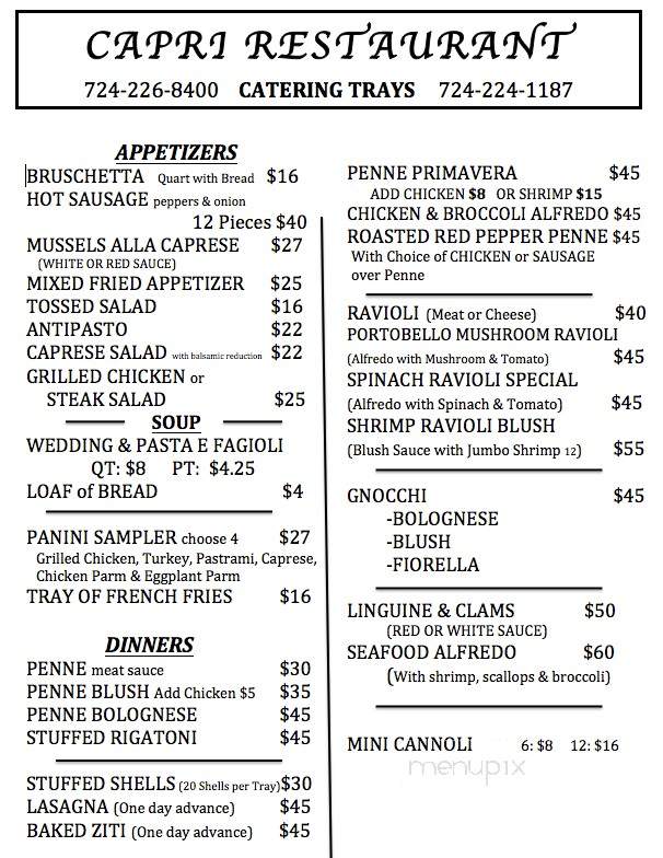 Capri Pizza & Restaurant - Paradise, PA menu_pic
