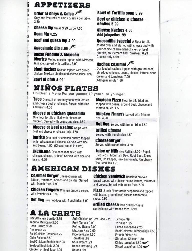 Cozumel - Clarion, PA menu_pic