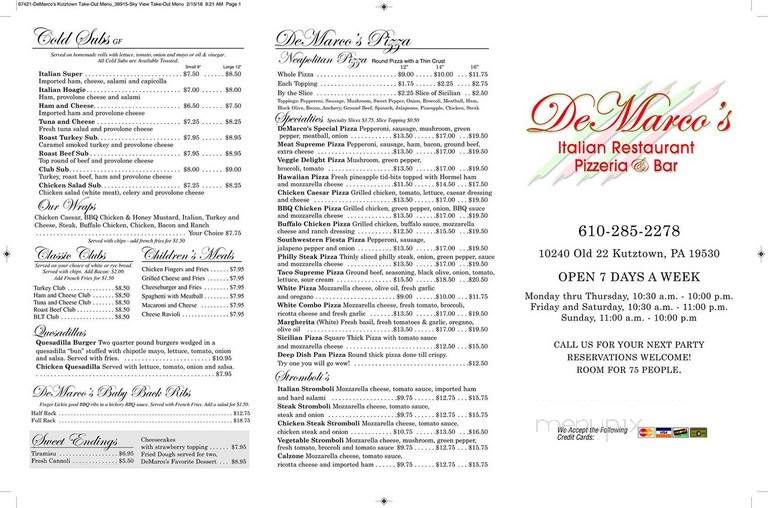 Demarco's Italian Restaurant - Kutztown, PA menu_pic