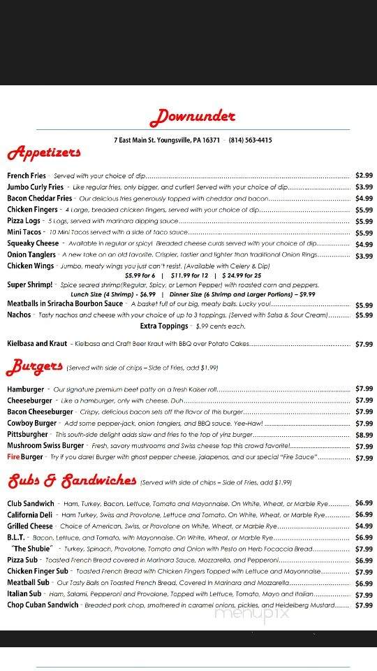 Downunder - Youngsville, PA menu_pic