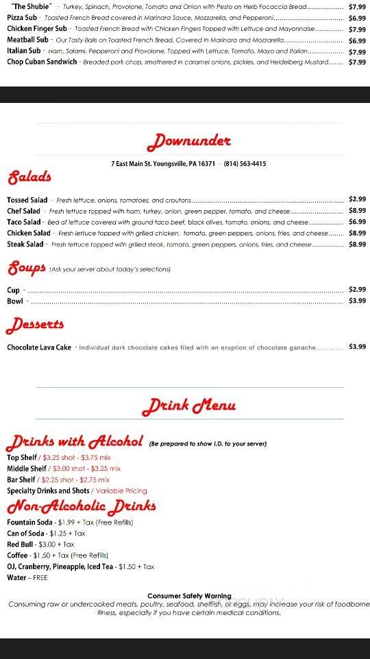 Downunder - Youngsville, PA menu_pic