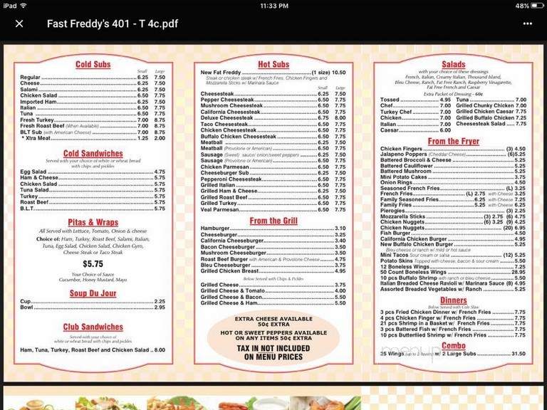 Fast Freddy's Sub Shop - Pottsville, PA menu_pic