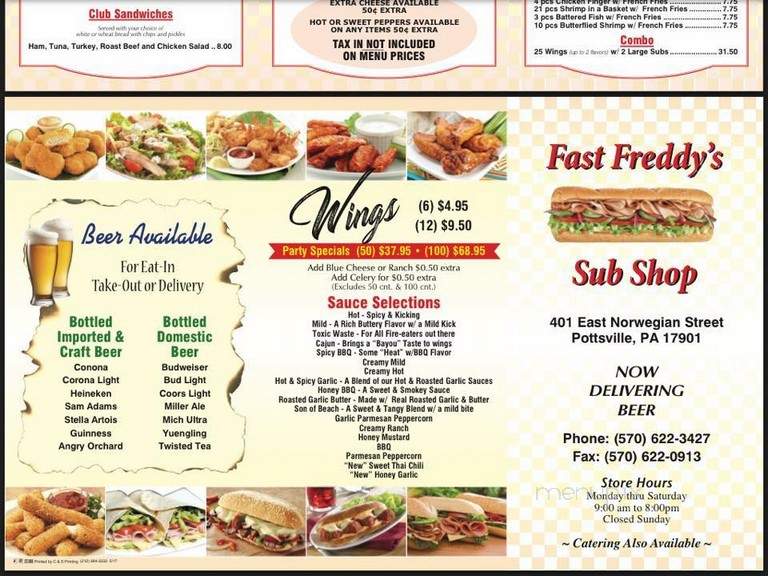 Fast Freddy's Sub Shop - Pottsville, PA menu_pic