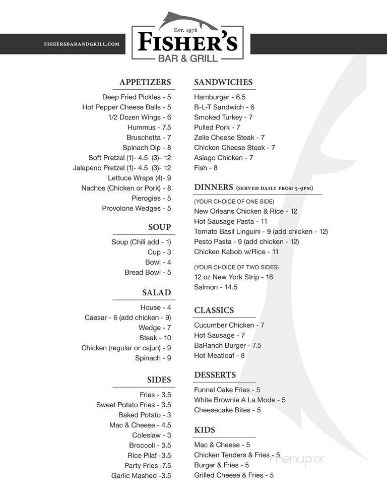 Fisher's Bar & Restaurant - Zelienople, PA menu_pic