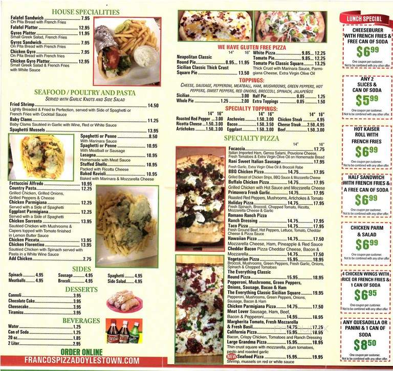 Franco's Pizzeria - New Britain, PA menu_pic