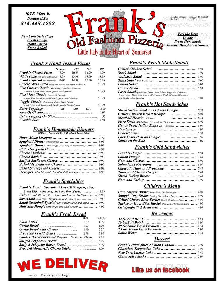 Frank's Old Fashion Pizzeria - Somerset, PA menu_pic