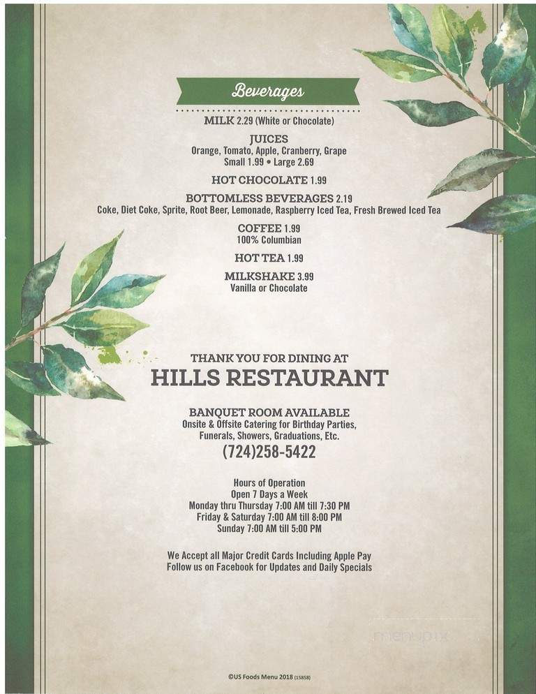 Hills Restaurant - New Eagle, PA menu_pic