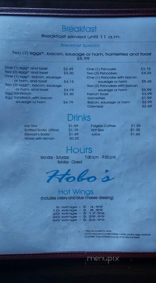 Hobo's Family Restaurant - Hyndman, PA menu_pic