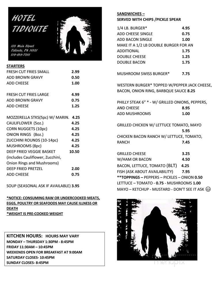 Hotel Tidioute - Tidioute, PA menu_pic