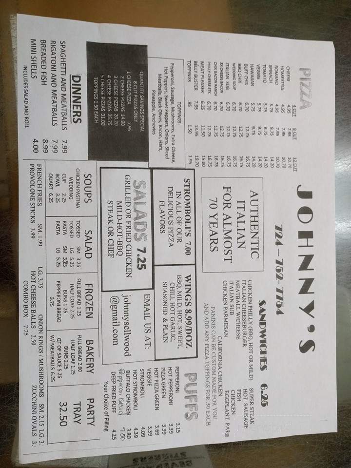 Menu of Johnny's Pizza Shop in Ellwood City, PA 16117