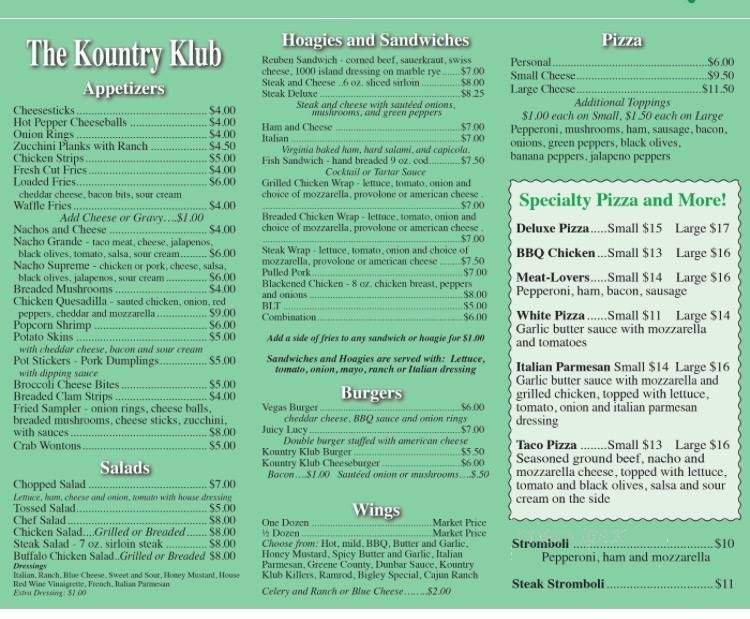 Kountry Klub - Dunbar, PA menu_pic