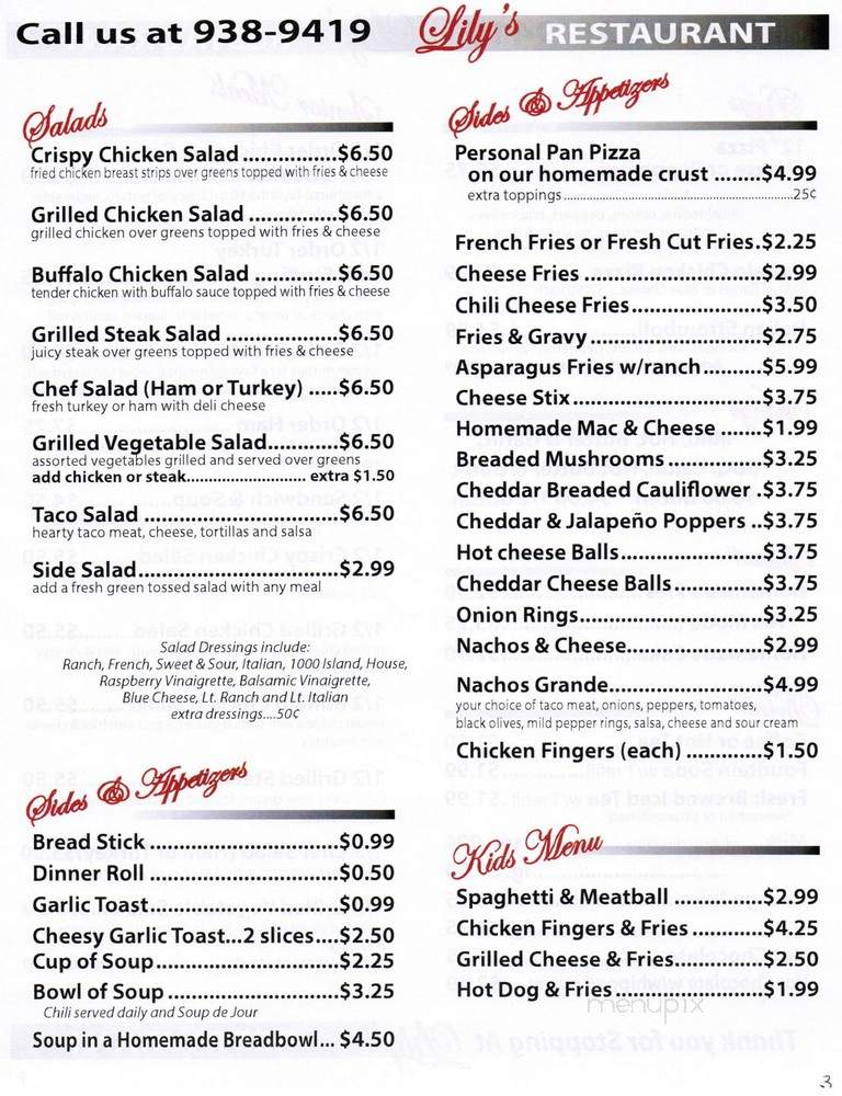 Lily's - Punxsutawney, PA menu_pic