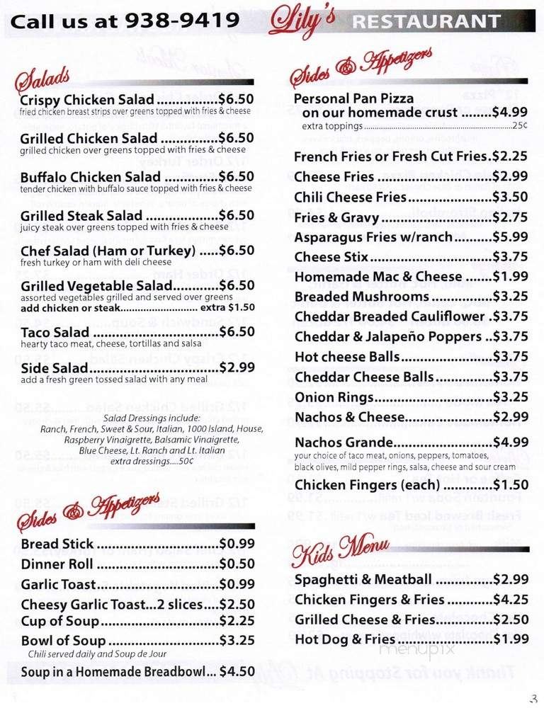 Menu Of Lily S In Punxsutawney Pa 15767