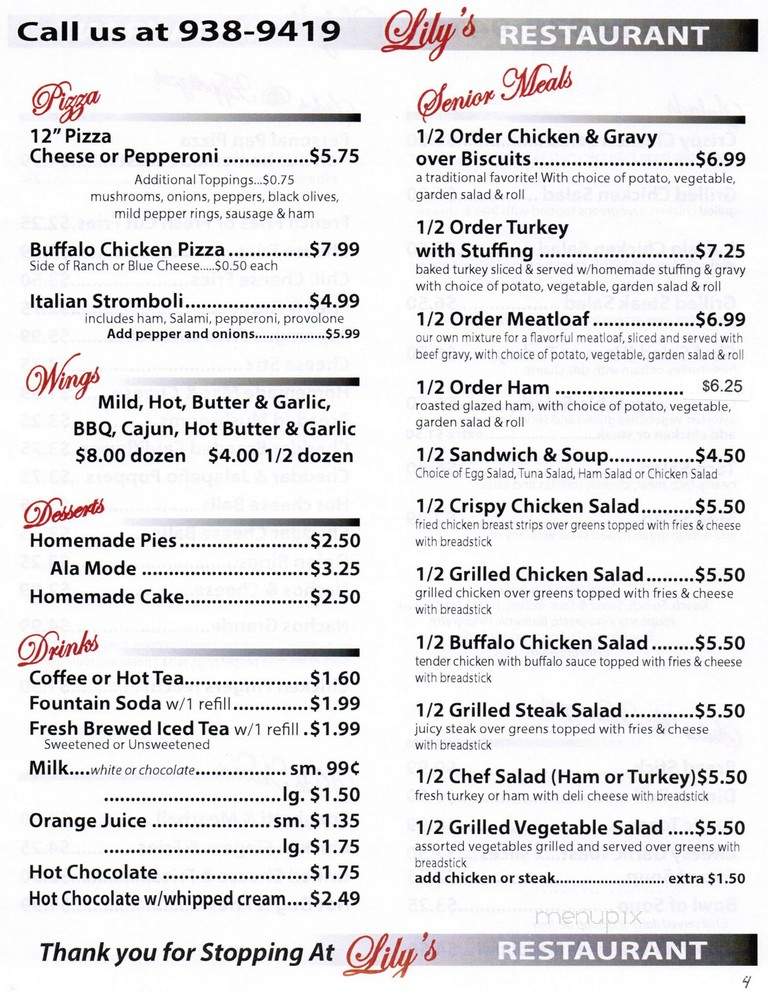 Lily's - Punxsutawney, PA menu_pic