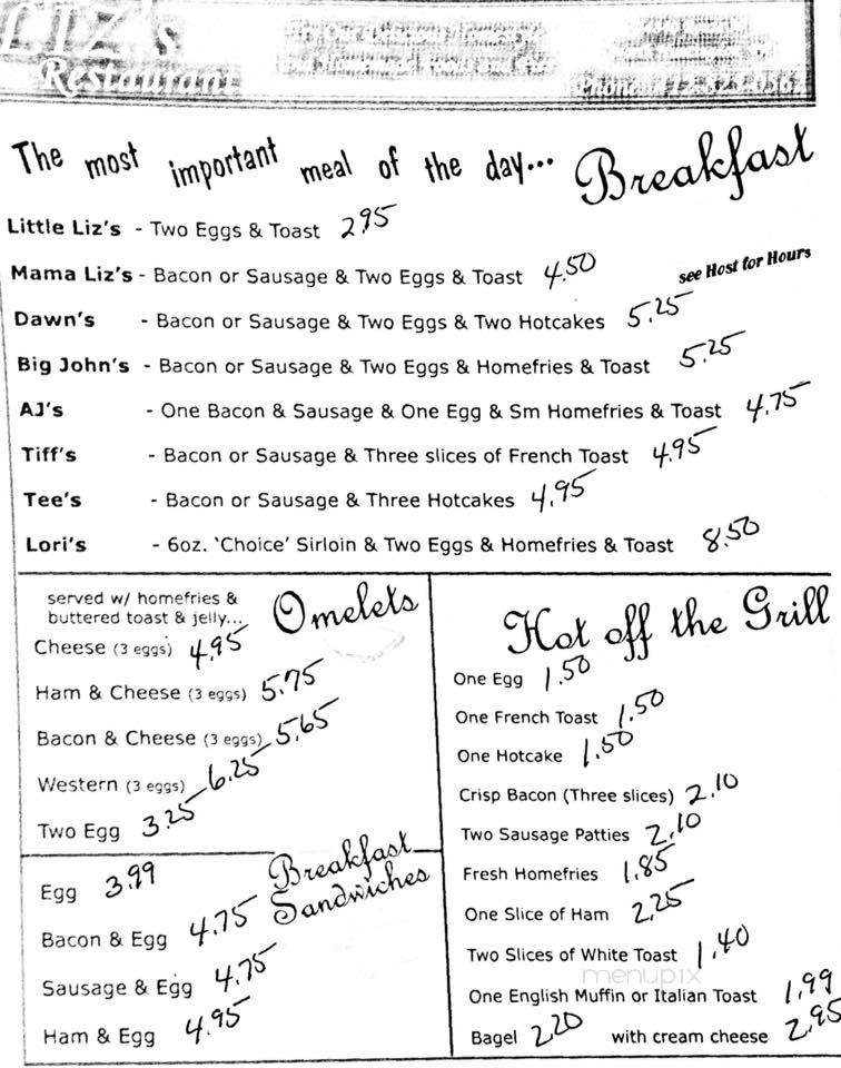 Liz's Restaurant - Irwin, PA menu_pic