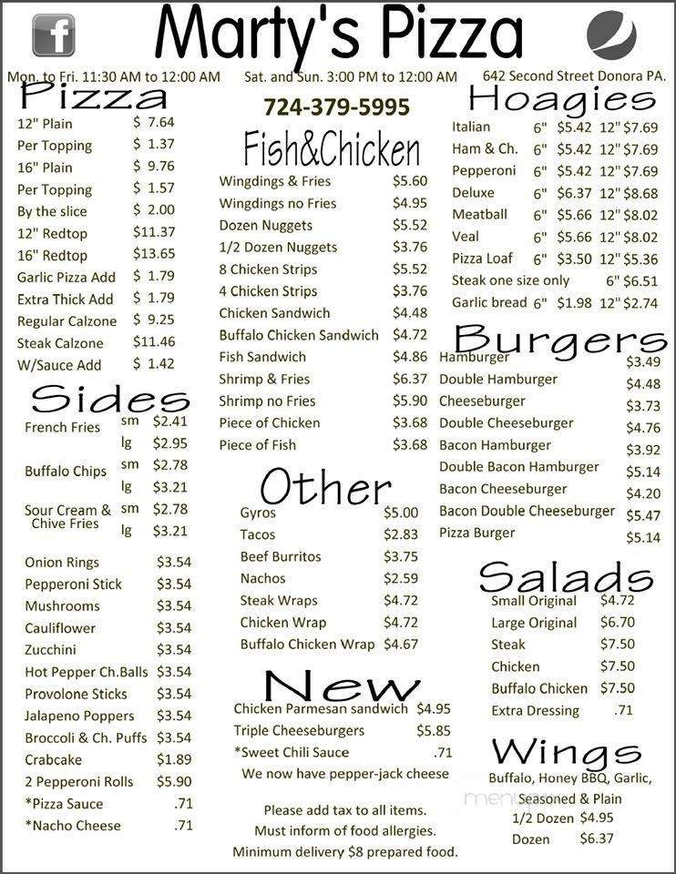 Marty's Pizza - Donora, PA menu_pic