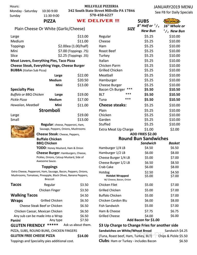 Millville Pizzaria - Millville, PA menu_pic