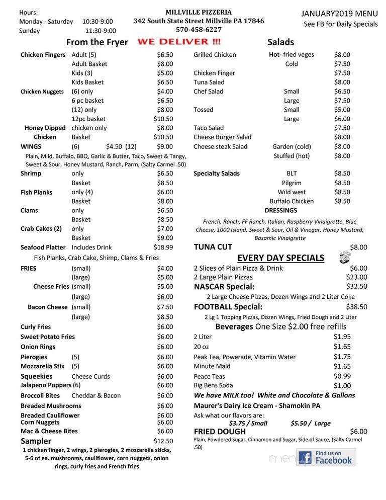 Millville Pizzaria - Millville, PA menu_pic