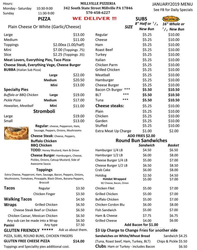 Millville Pizzaria - Millville, PA menu_pic