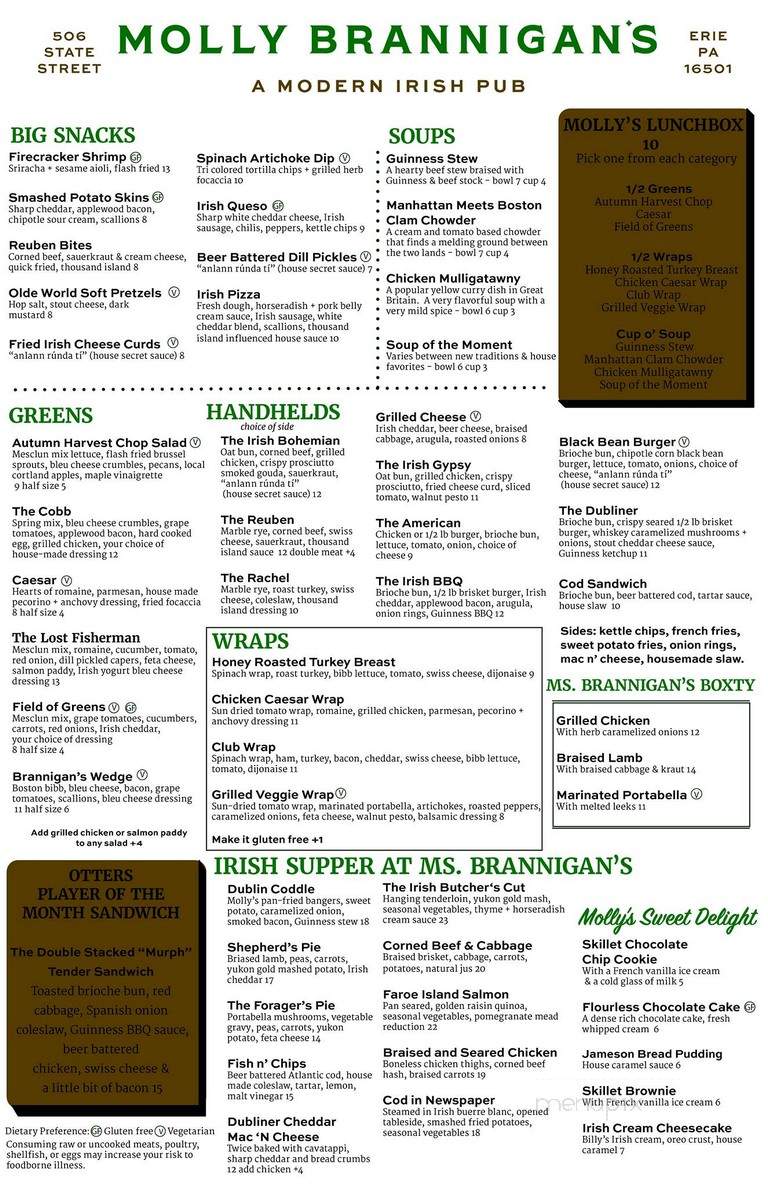Molly Brannigans Irish Pub - Erie, PA menu_pic