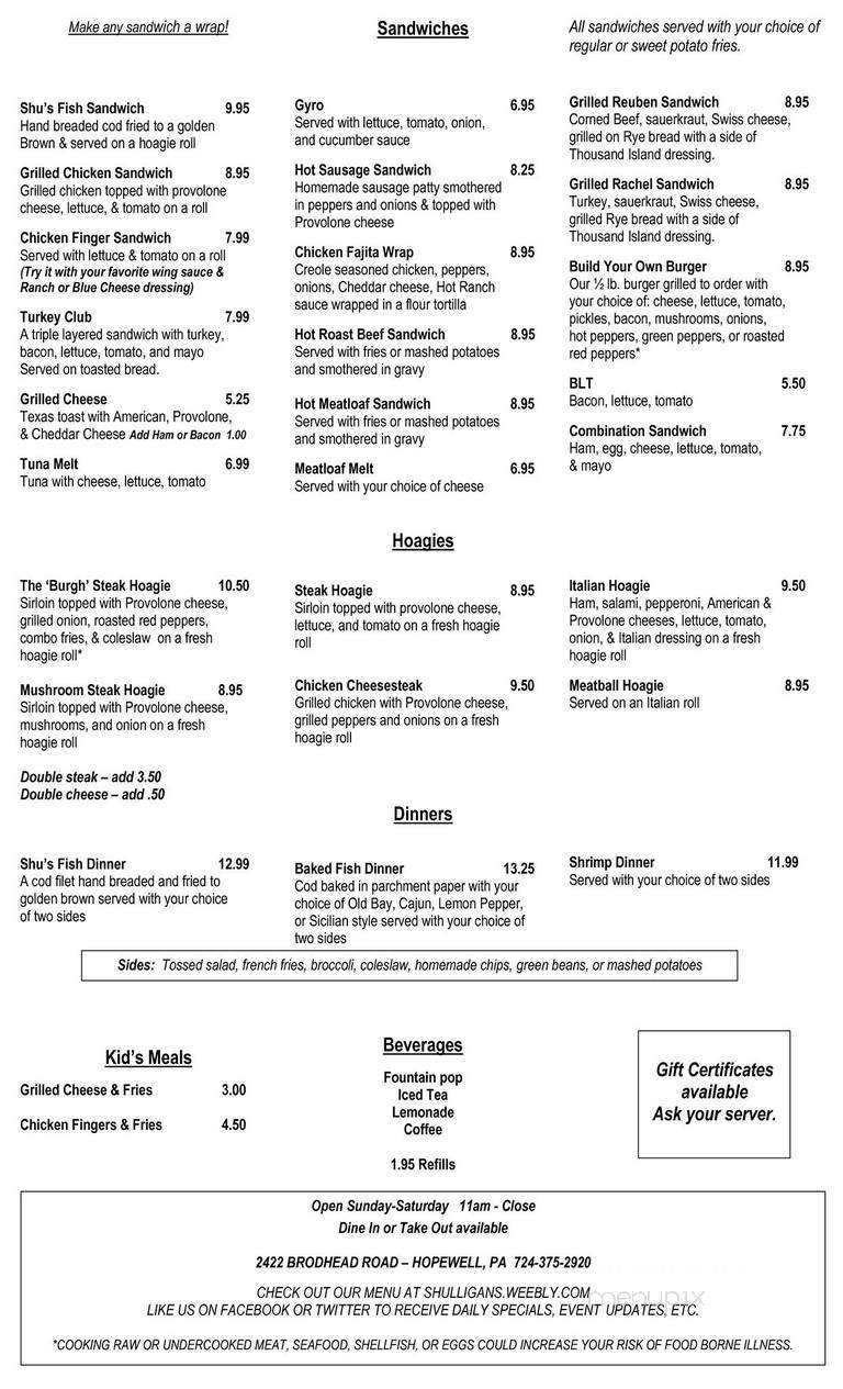 Mulligan's Sports Bar & Grill - Aliquippa, PA menu_pic
