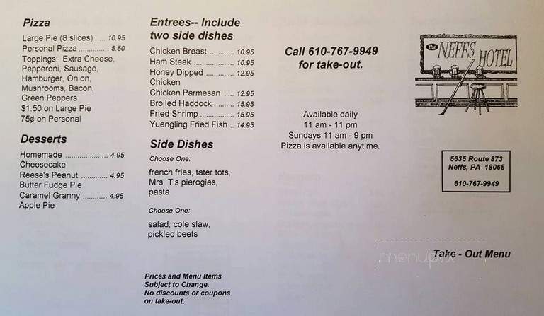 Neff's Hotel - Neffs, PA menu_pic