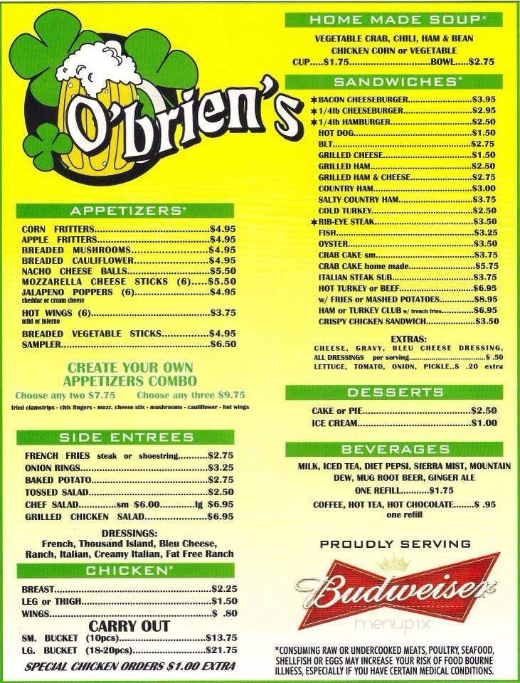 O'Brien's Paradise Cove - Abbottstown, PA menu_pic