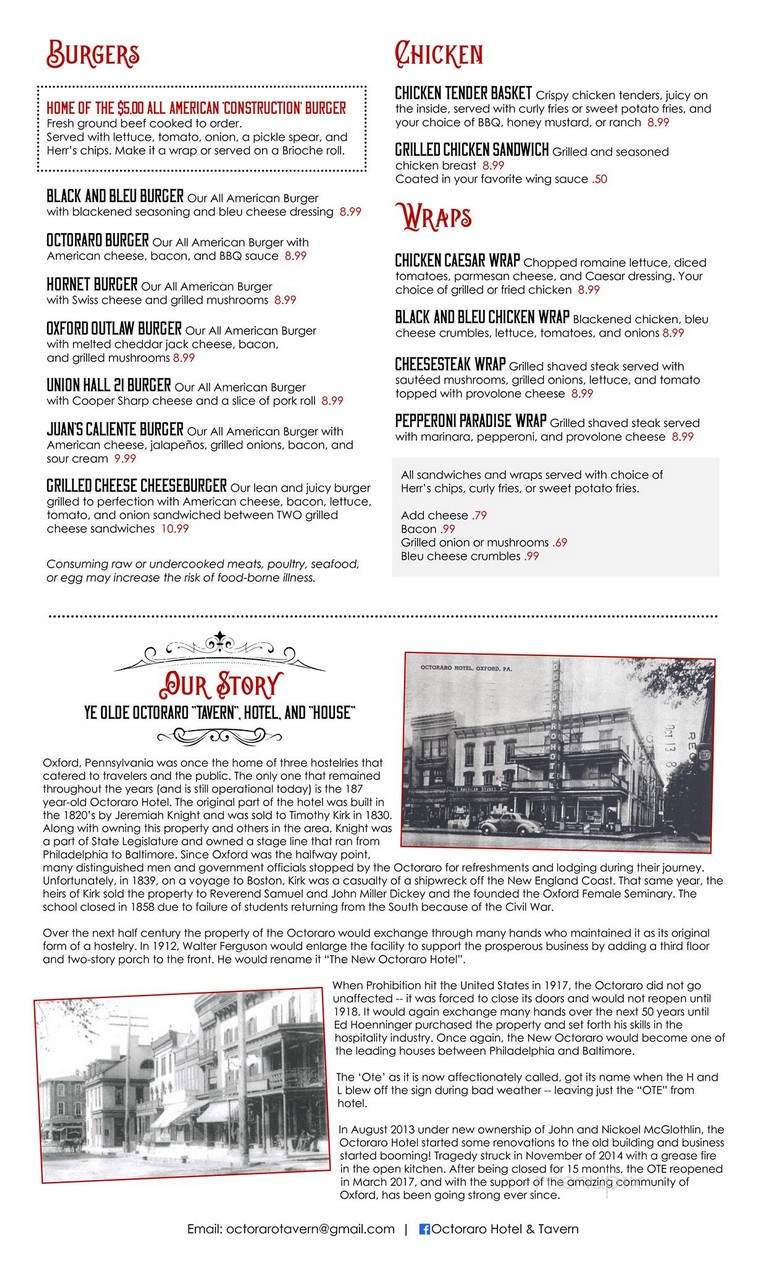 Octoraro Hotel - Oxford, PA menu_pic