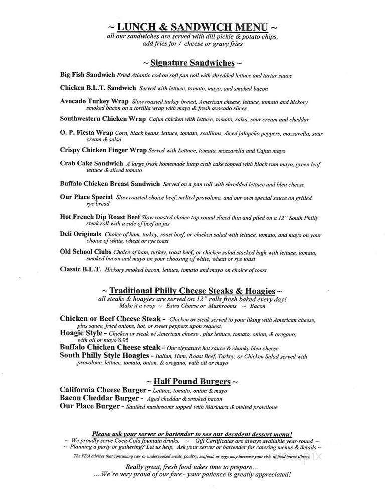 Our Place - Monroeton, PA menu_pic