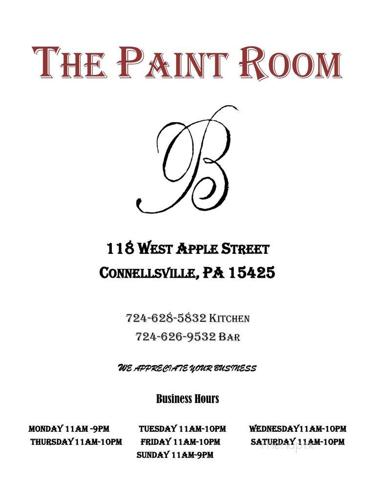 Menu of Paint Room in Connellsville, PA 15425
