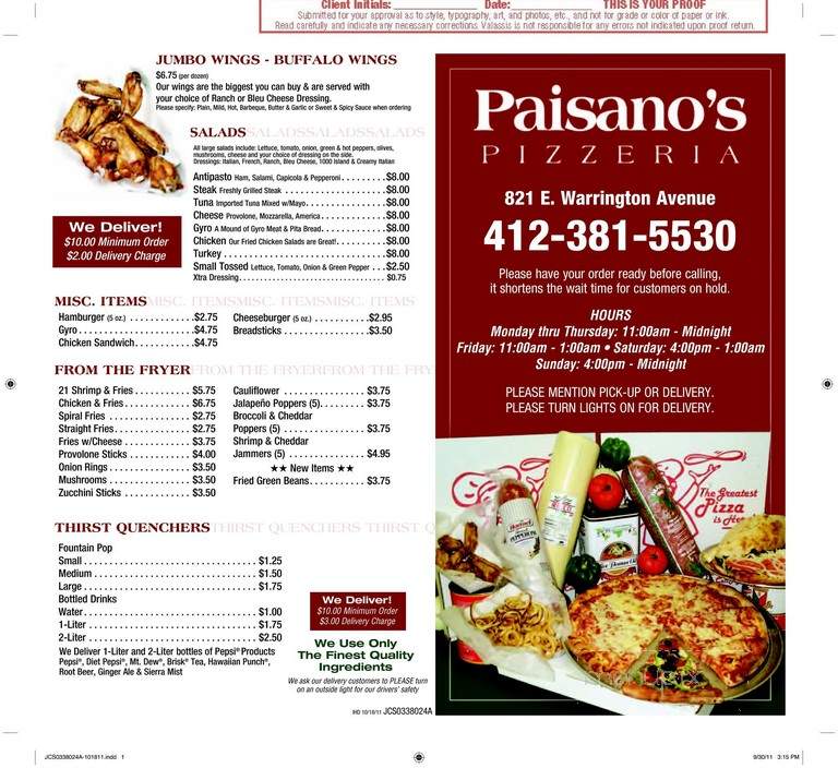 Paisano's Restaurant - Pittsburgh, PA menu_pic